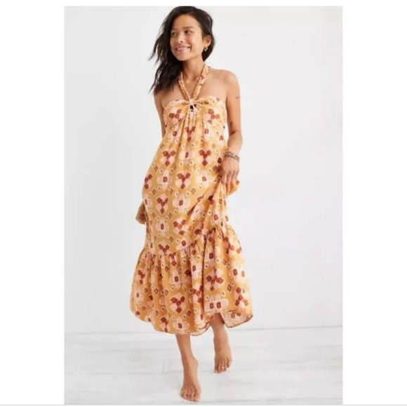 NEW Aerie Braided Halter Hi-lo Midi Maxi Dress  Mustard Yellow - Picture 1 of 7